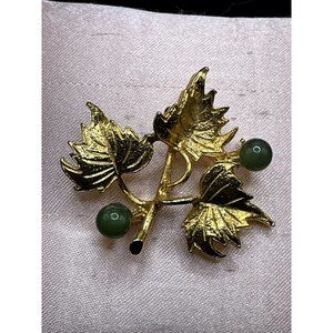 Vintage Phobe Satin Gold Plated 3 Leaves Jade Berries Brooch Length 1.50 Inches